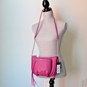 NWT SHE LO Genuine Pebbled Leather RISE ABOVE Chain Link Fuchsia Crossbody Bag